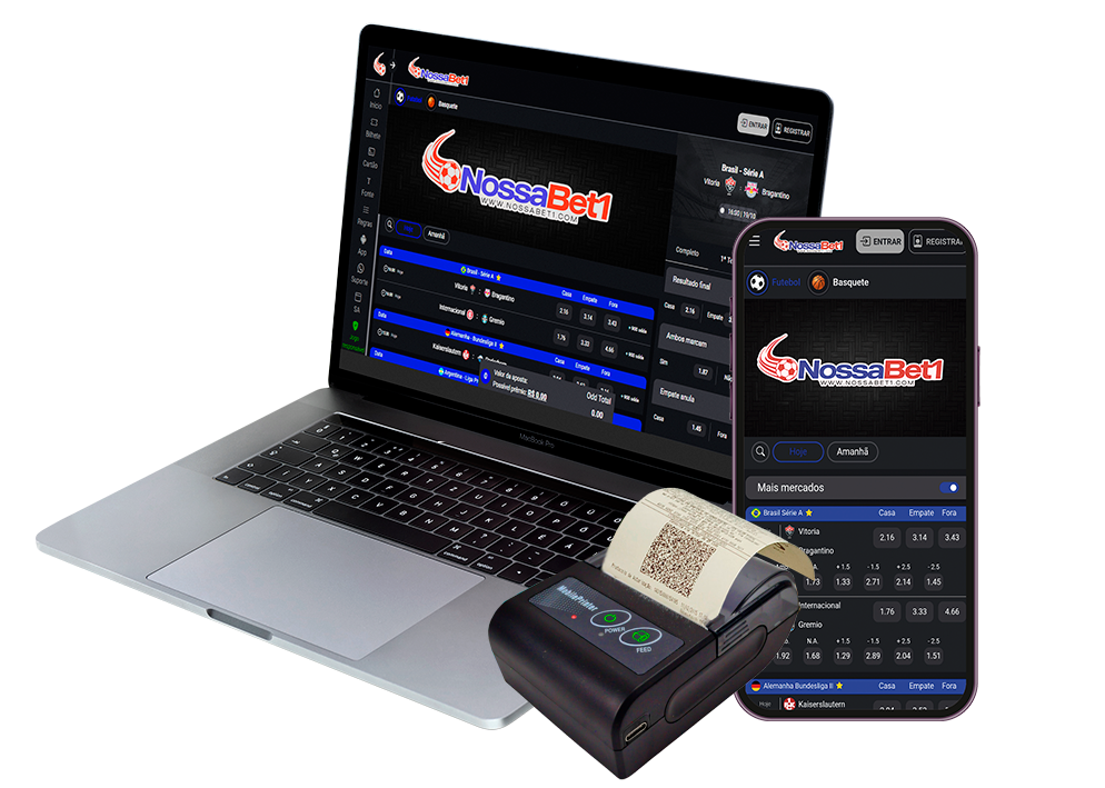 Imagem mostra os dispositivos compatíveis, um notebook,
   um celular e uma impressora portátil bluetooth com um papel parcialmente impresso.
   Na tela dos dispositivos encontra se o site da NossaBet